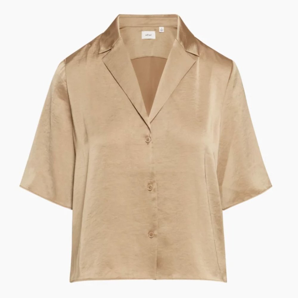 SHORT-SLEVEE SATIN BUTTON-UP BLOUSE - Picture 7 of 7